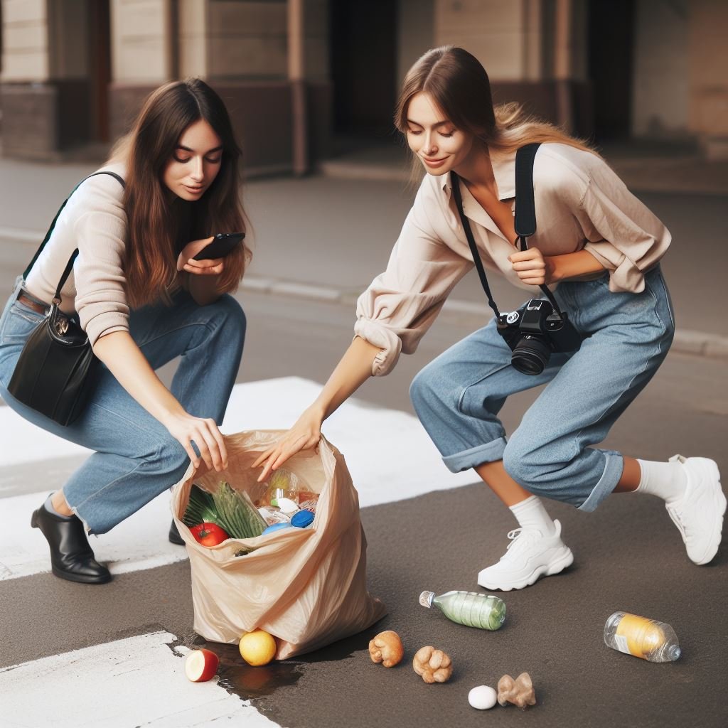 Woman helping another woman who dropped her grocery bag