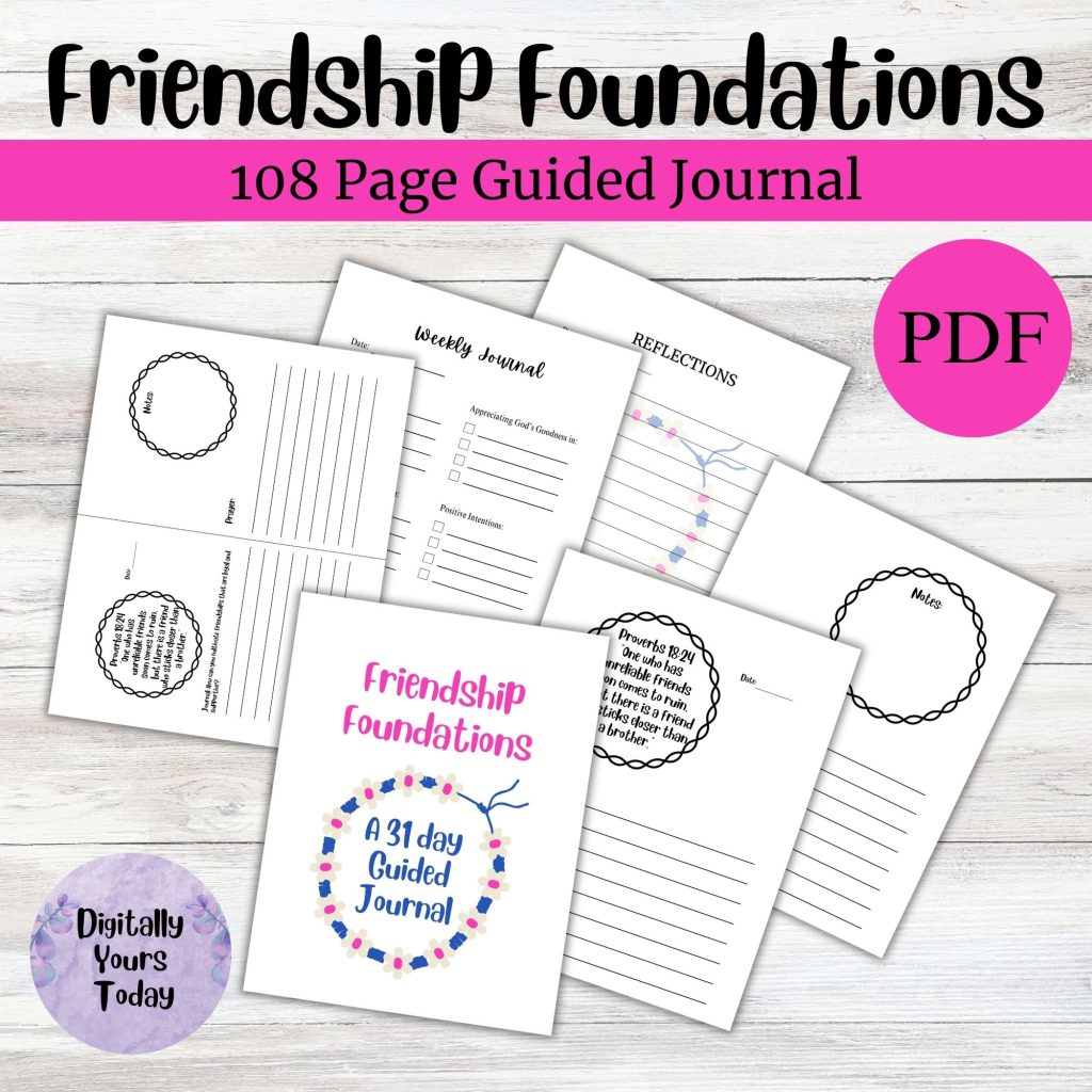 Friendship Foundations - 108 Page Guided Journal PDF - Image of 6 Sample Pages from the Bible Journaling Product