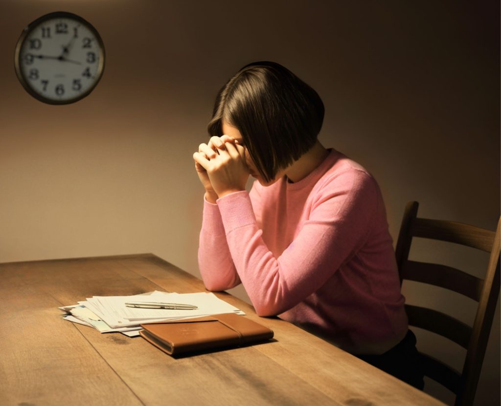 Overwhelmed Woman Sitting at a Table Praying