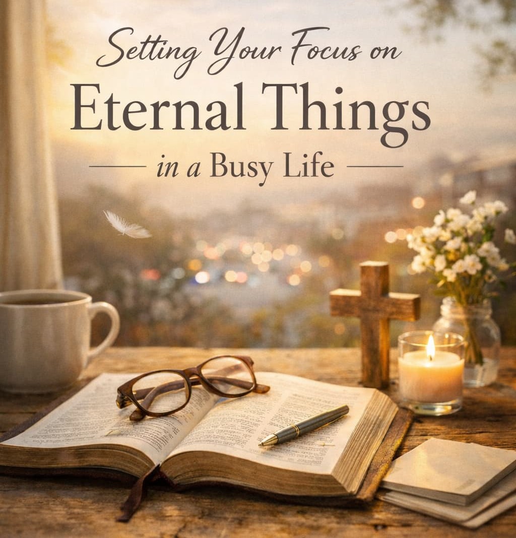 Setting Your Focus on Eternal Things text overlay on an image of a Bible, glasses and pen sitting on a desk looking out a window