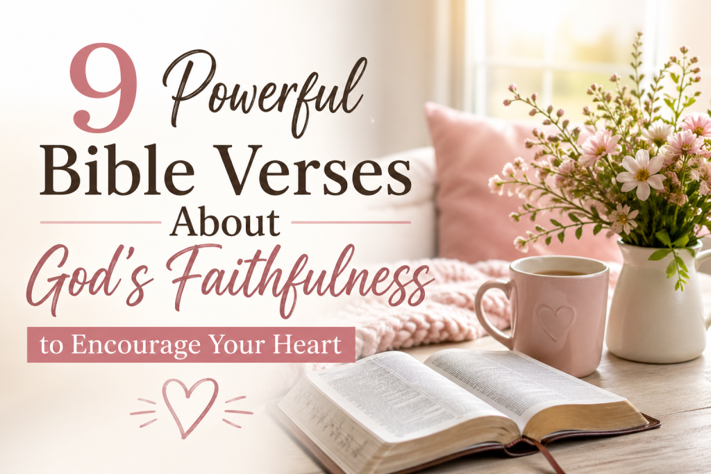 9 Powerful Bible Verses About God’s Faithfulness to Encourage Your Heart Text Overlay with an open Bible, coffee cum and vase of flowers on a desk