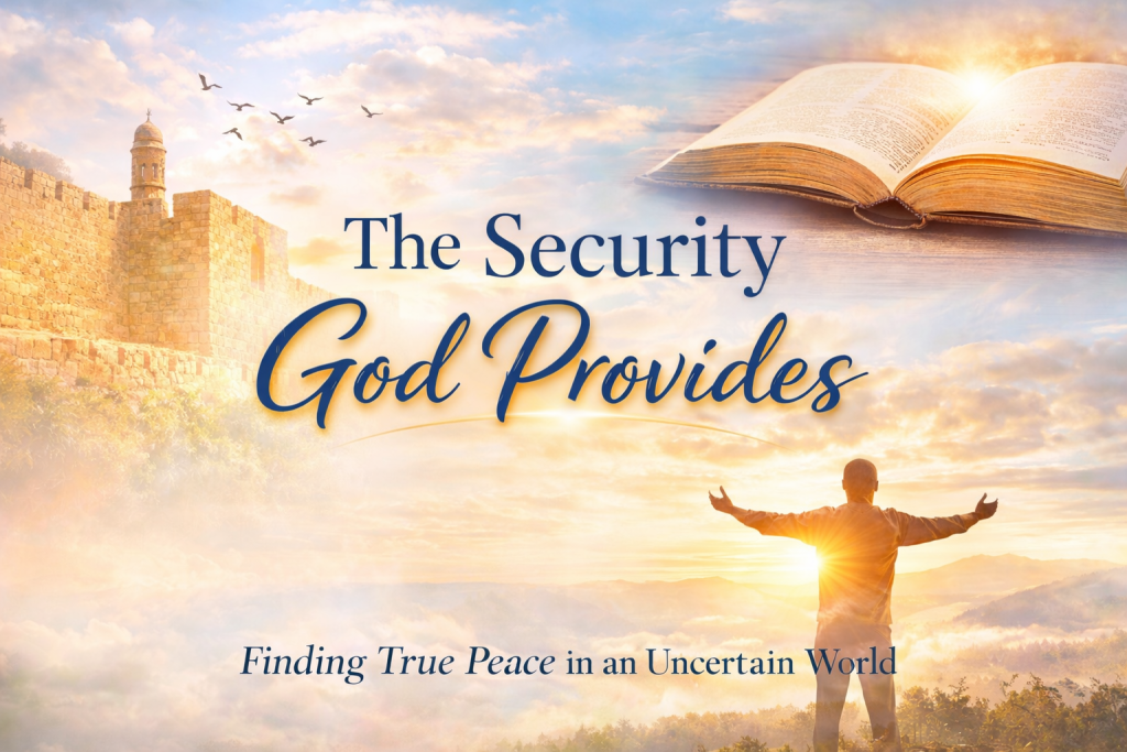 The Security God Provides Overlay text on man looking at sky