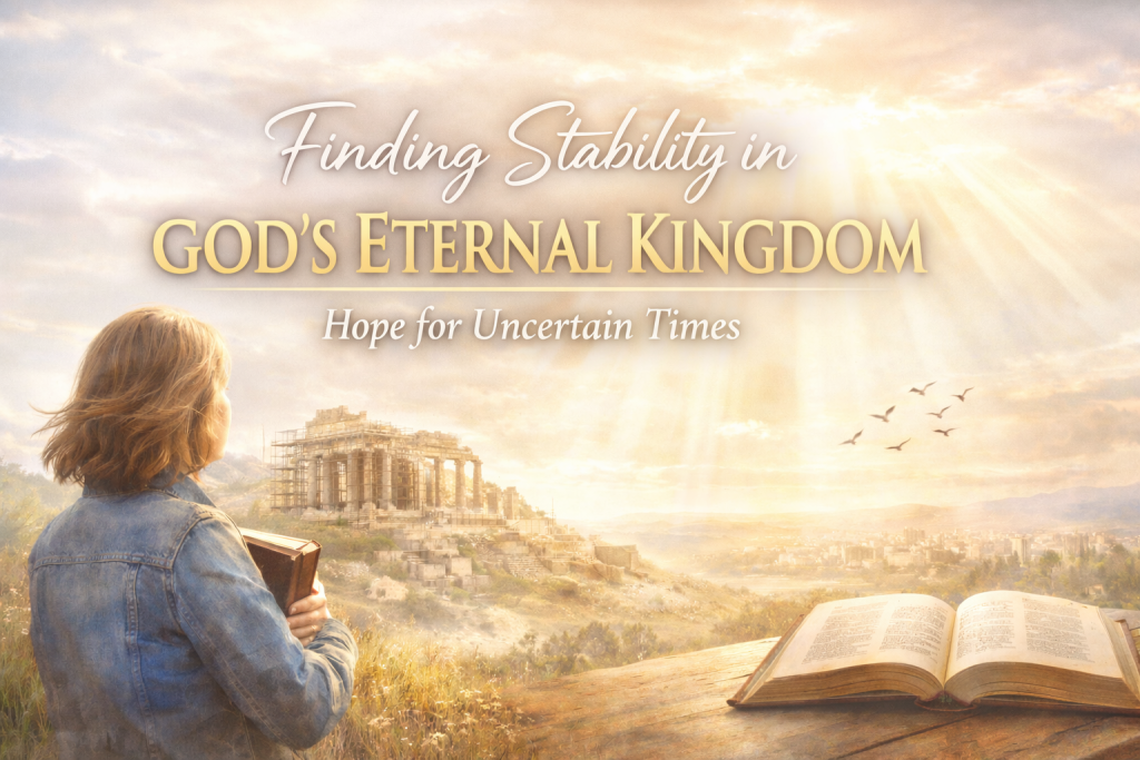 God's Eternal Kingdom: Hope for Uncertain Times Text Overlay on Image of Woman looking upon a mountain view