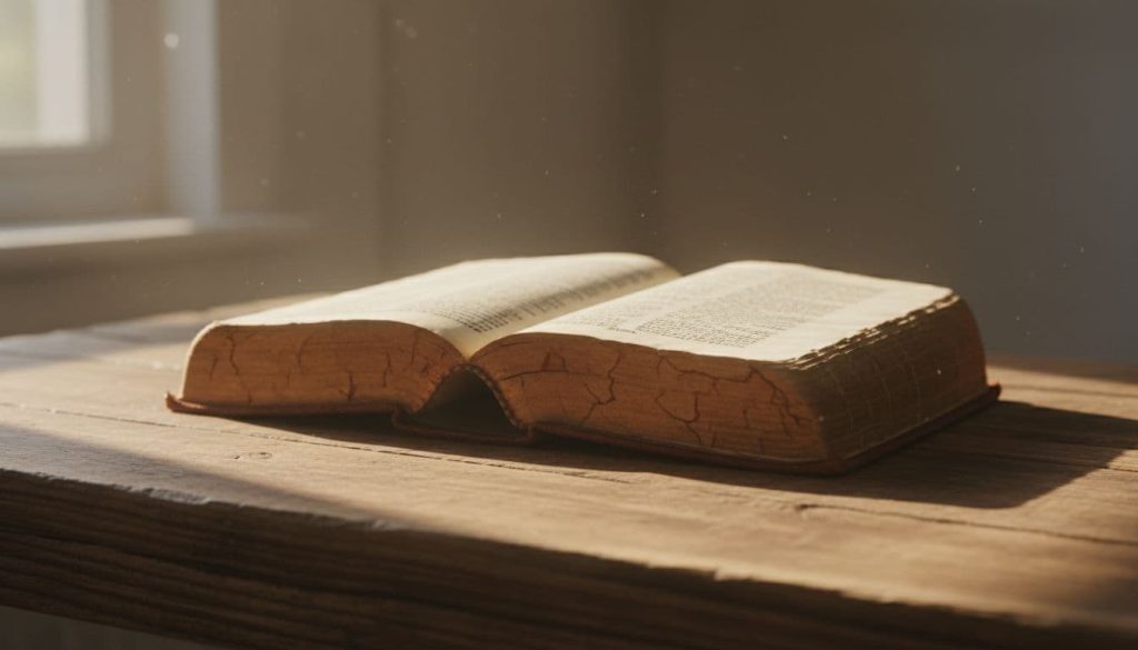 Vintage open Bible on a wooden surface in soft morning sunlight, pages spread to reveal aged texture, peaceful photorealistic scene symbolizing quiet Scripture reflection.