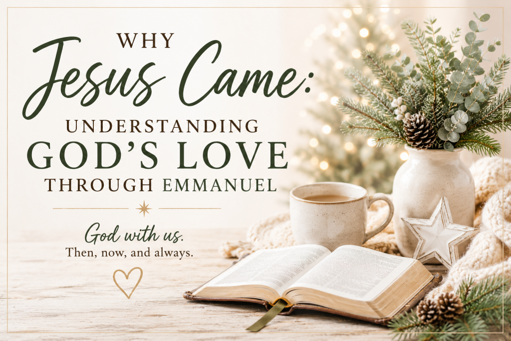 Why Jesus Came Text Overlay on Desk with Bible and cup of coffee