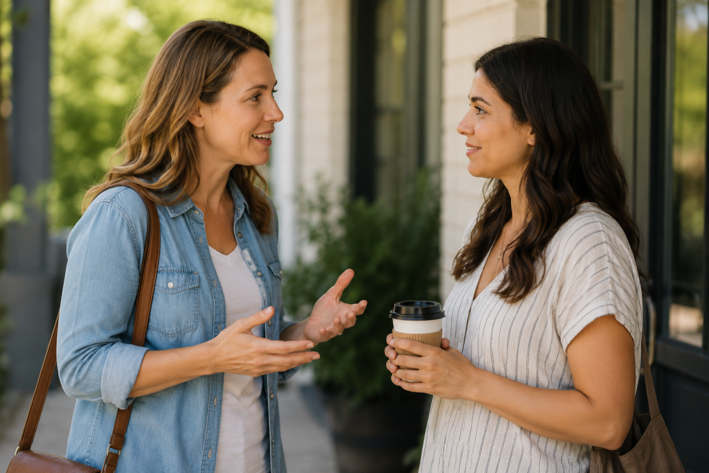 Two women standing outside a coffee shop talking