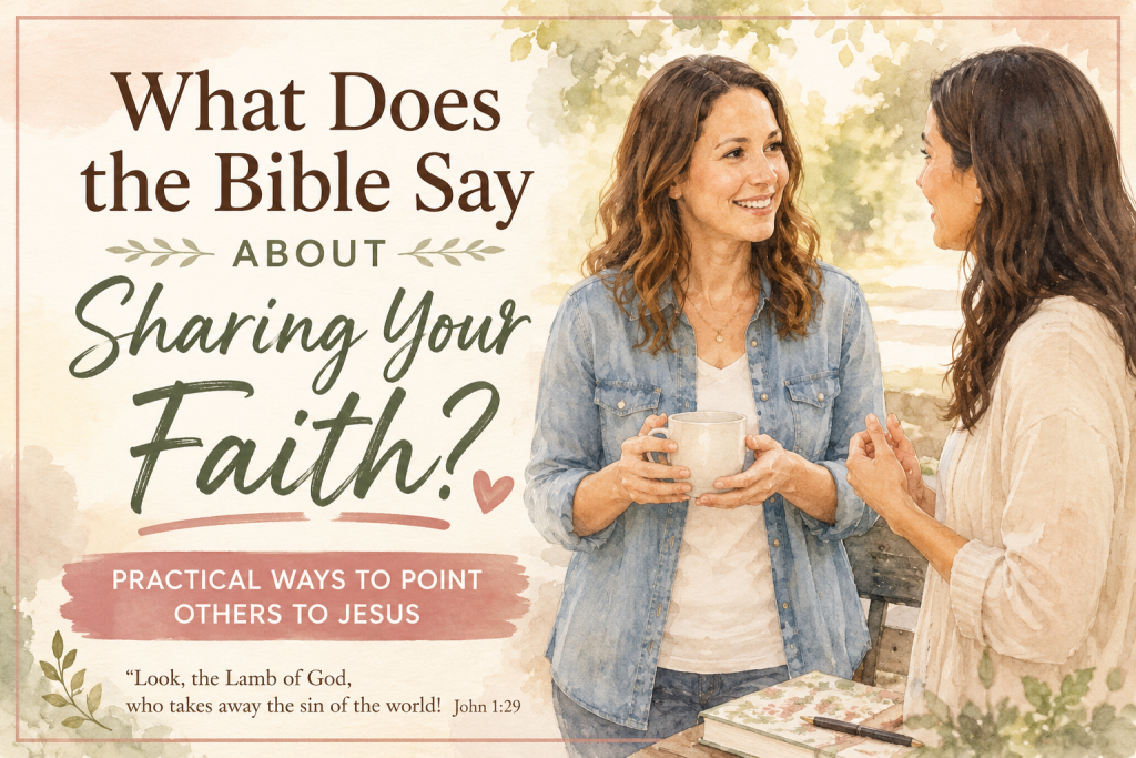 What does the Bible say about sharing your faith text overlay with two women standing and talking to one another