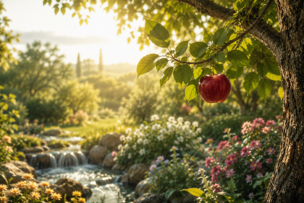 The Garden of Eden with the camera focused on the fruit on the tree.