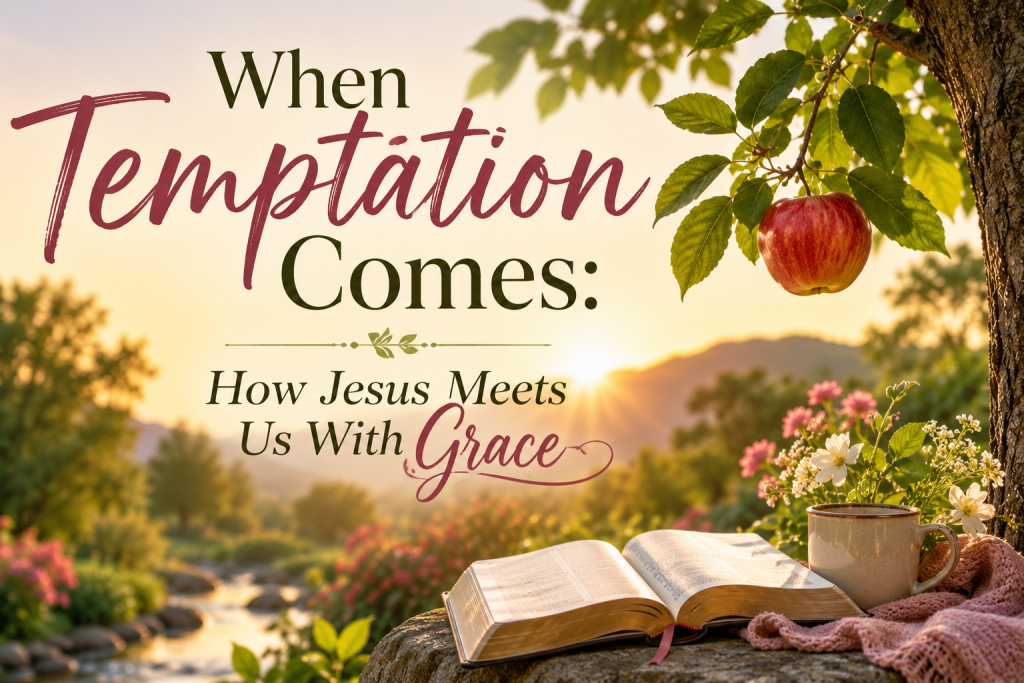 When Temptation Comes: How Jesus Meets Us with Grace text overlay with Garden of Eden in background and tree with the fruit on the right hand side.