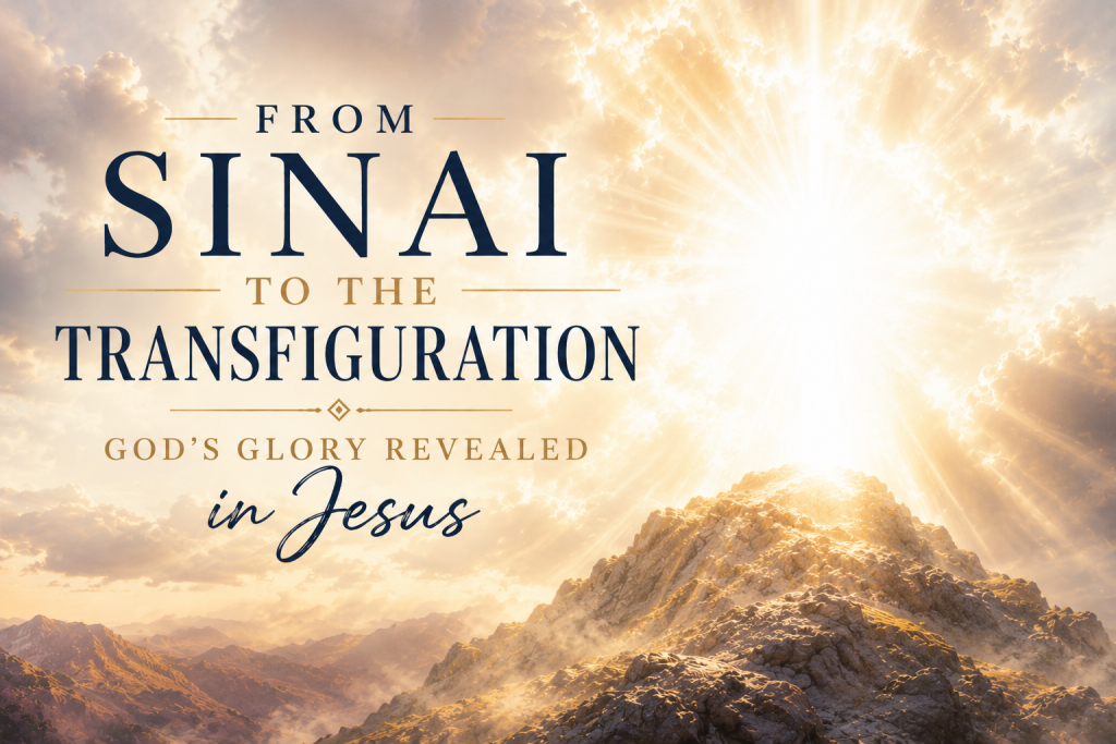 From Sinai to the The Transformation text overlay with a mountain and a white light