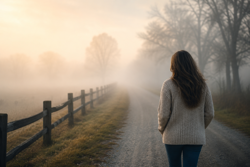 A woman walking on a gravel road, with fog limiting her view