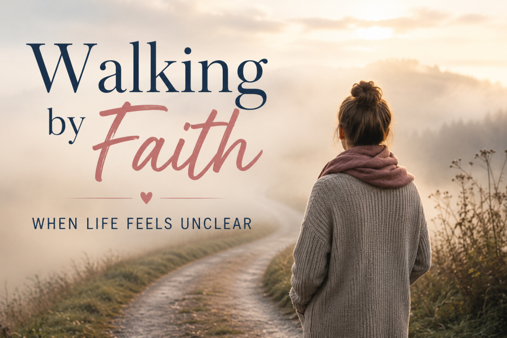 Walking by Faith When Live Feels Unclear Text Overlay with a woman facing a foggy path
